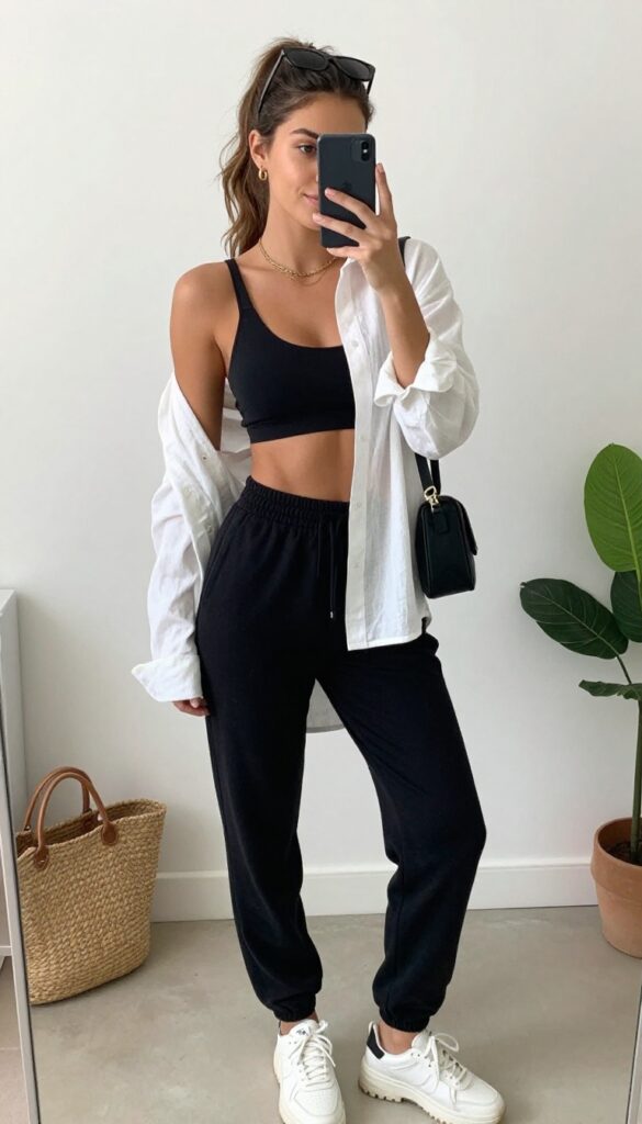 Woman wearing black sweatpants, black sports bra, and open white linen shirt, taking a mirror selfie in a bright room.