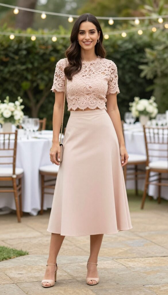 Woman in blush lace two-piece set with nude mules at garden wedding