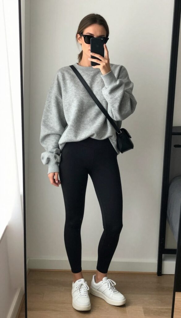 New mom outfit idea: oversized grey sweatshirt with black biker shorts, chunky sneakers, and crossbody bag, mirror selfie in bright bedroom.