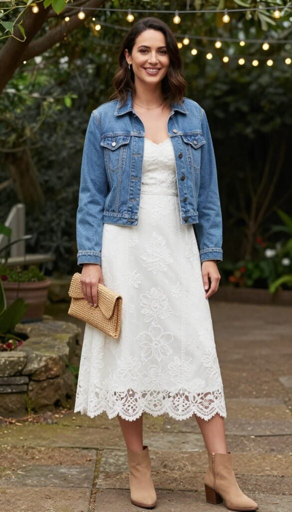 Woman in white embroidered lace dress with denim jacket at garden wedding