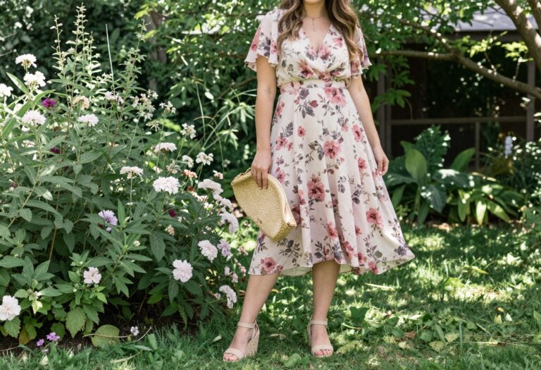 Woman in floral midi dress and wedge sandals at a garden wedding