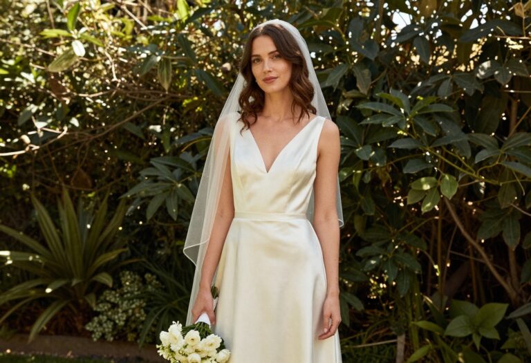 Woman in satin wedding dress with fingertip veil in garden