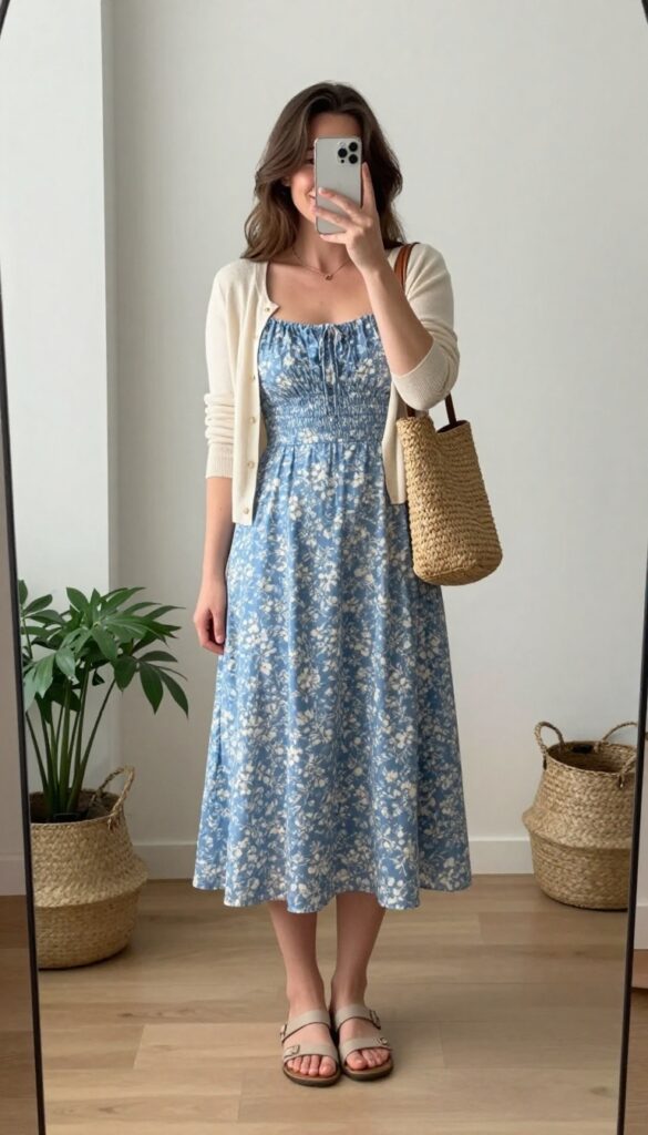 A woman in a blue floral dress and cream cardigan takes a mirror selfie, showcasing a balanced floral and solid mix outfit for a mom and son matching look.