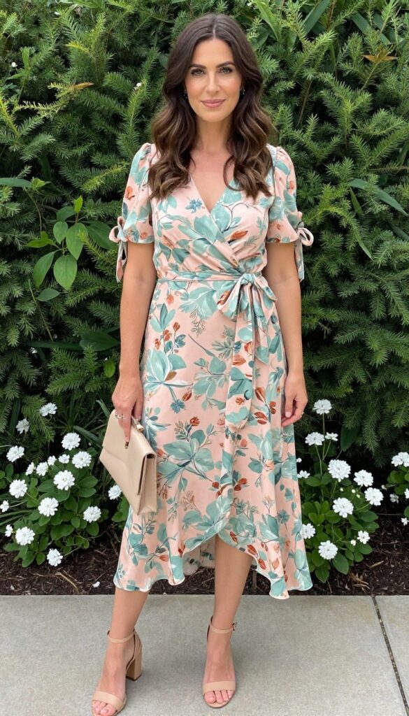 Woman in floral wrap dress with bow sleeves, nude sandals, and beige clutch in garden