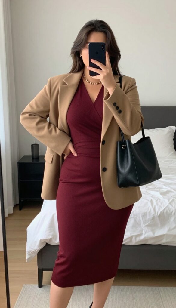 Pregnant woman in a navy wrap dress with an unbuttoned camel blazer, low heels, and a structured tote, standing confidently in an office setting.