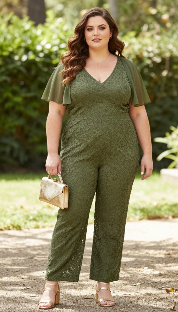 Plus-size woman in olive lace jumpsuit with capelet in garden