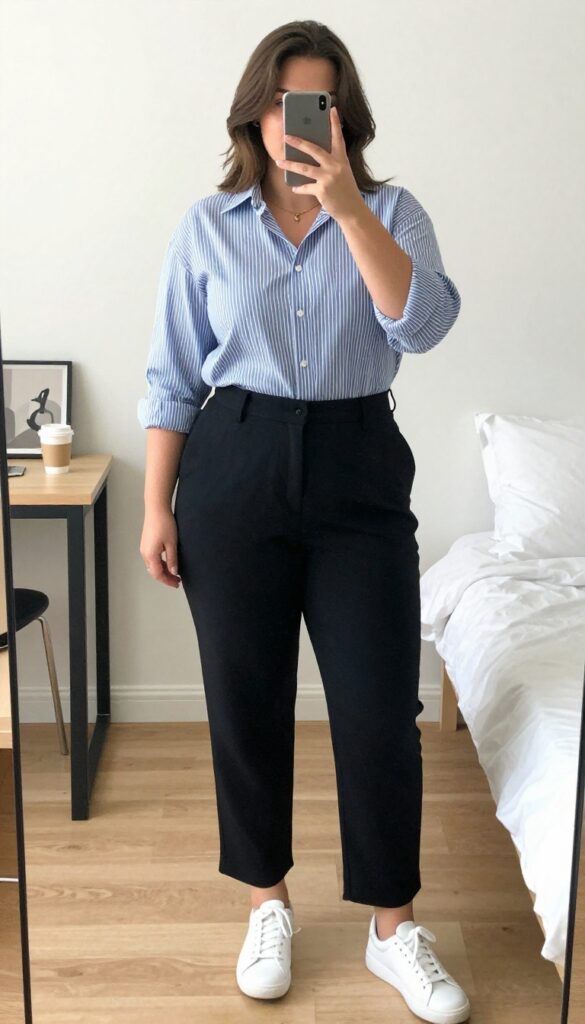 Woman in striped button-down, black trousers, and white sneakers, sleeves rolled, with gold necklace, in a casual business setting.