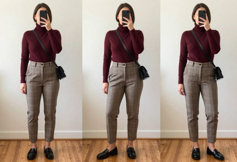 Woman in burgundy turtleneck and plaid trousers taking a mirror selfie for Christmas business casual outfit idea.