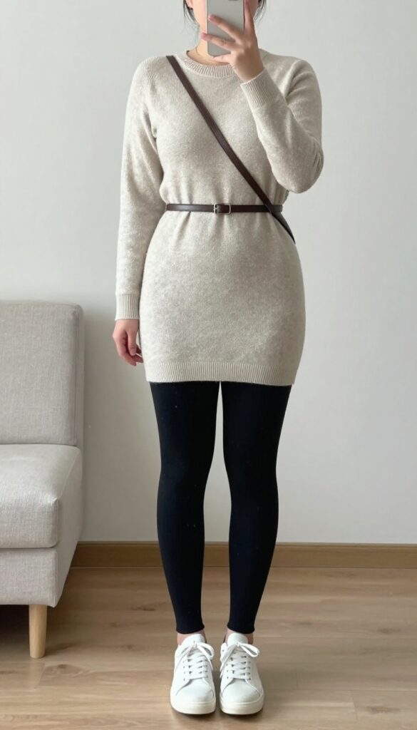 Short sweater dress worn as a tunic over leggings, belted at waist, with ankle boots and crossbody bag, in a cozy-chic weekend look.