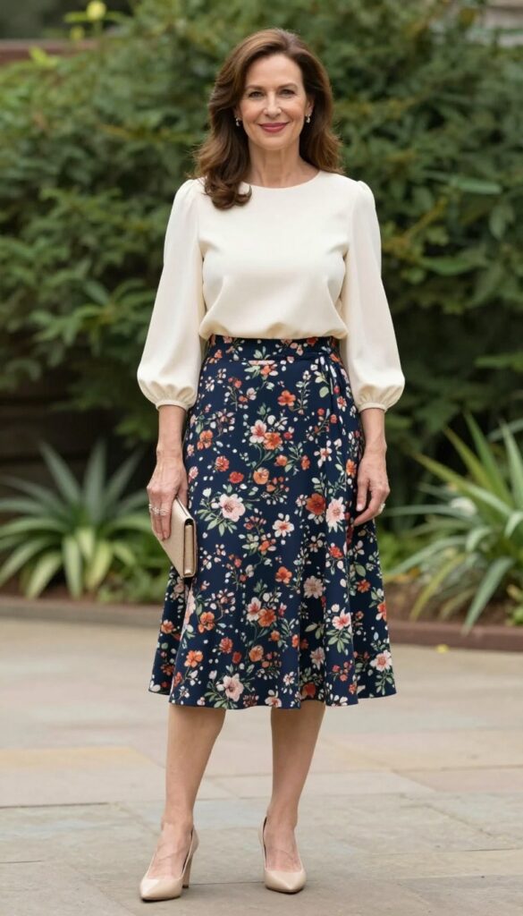 Woman over 50 in printed midi skirt and solid top for wedding guest outfit