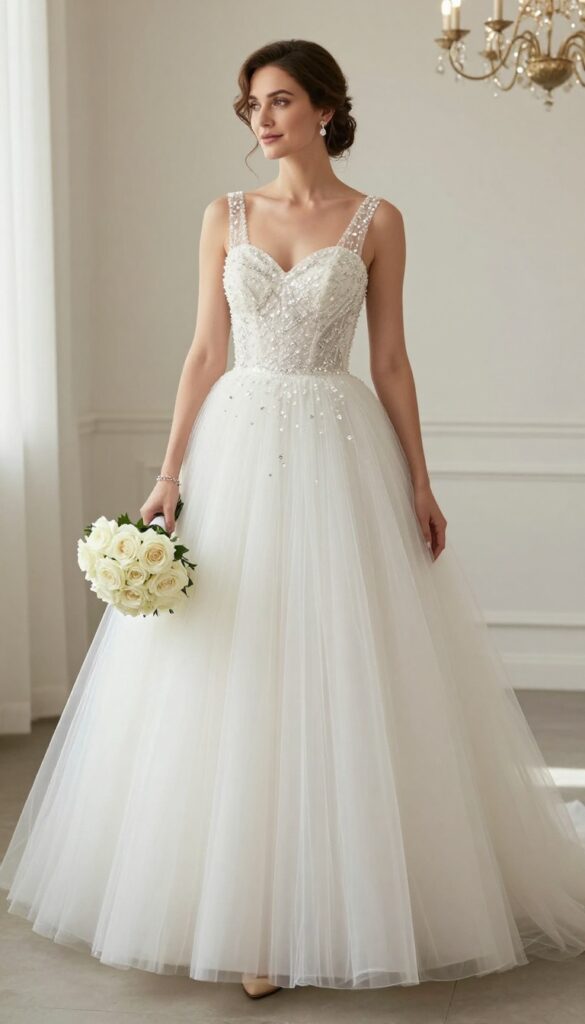 Adult woman in embellished tulle ball gown wedding dress with sweetheart neckline, holding white rose bouquet, standing in ballroom with chandeliers.