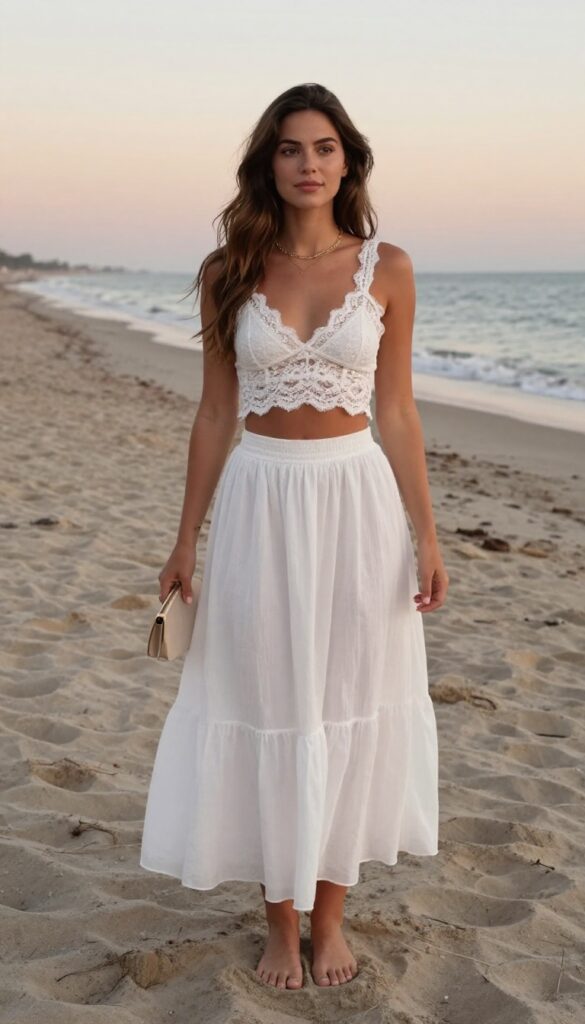 Woman in white lace crop top and high-waist flowing skirt on beach at sunset