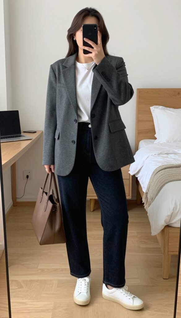 Woman in slate blazer, white tee, and dark straight-leg jeans posing in front of a mirror, face partially hidden by phone.