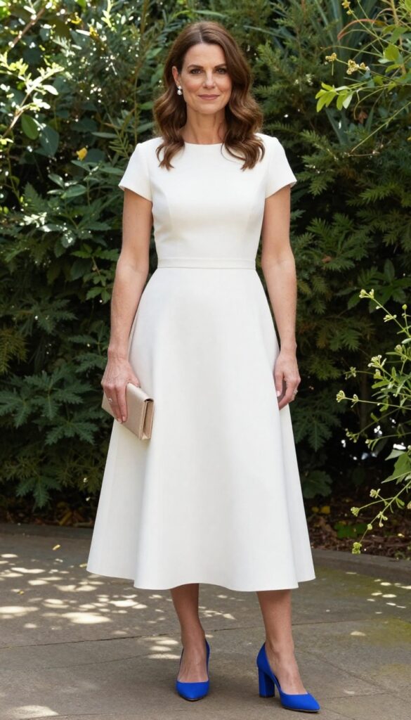 A young woman in a white tea-length wedding dress with a fitted bodice and full skirt, standing in a sunny garden. She wears bright cobalt blue block heels and carries a small beige clutch. Pearl stud earrings are visible. Natural makeup, loose waves. Realistic, natural lighting, full-body shot, smiling at the camera.