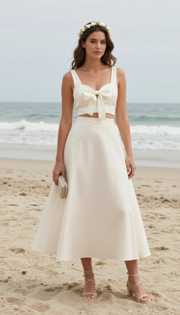 Woman in white two-piece wedding set with bow crop top and A-line skirt on beach