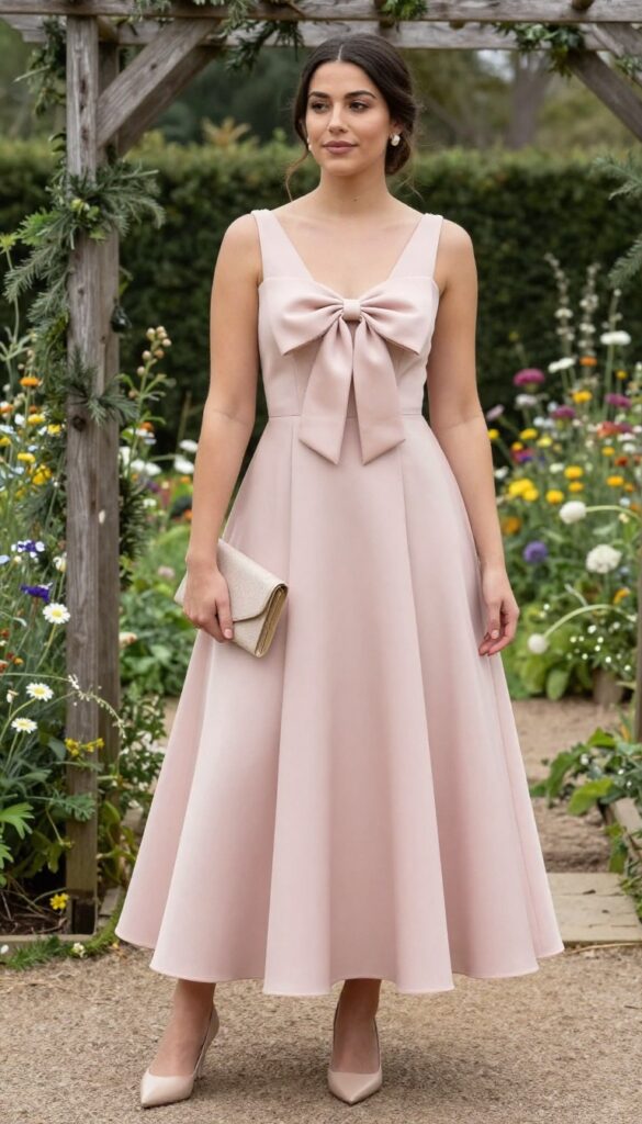 Adult woman in blush pink A-line dress with large back bow, pearl studs, nude pumps, standing in sunlit garden with rustic wooden arch and wildflowers.
