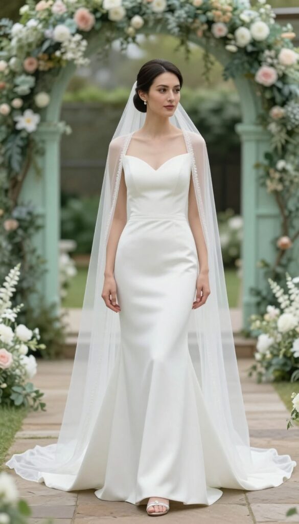 Woman in white mermaid wedding dress with caped veil, standing in mint green garden venue