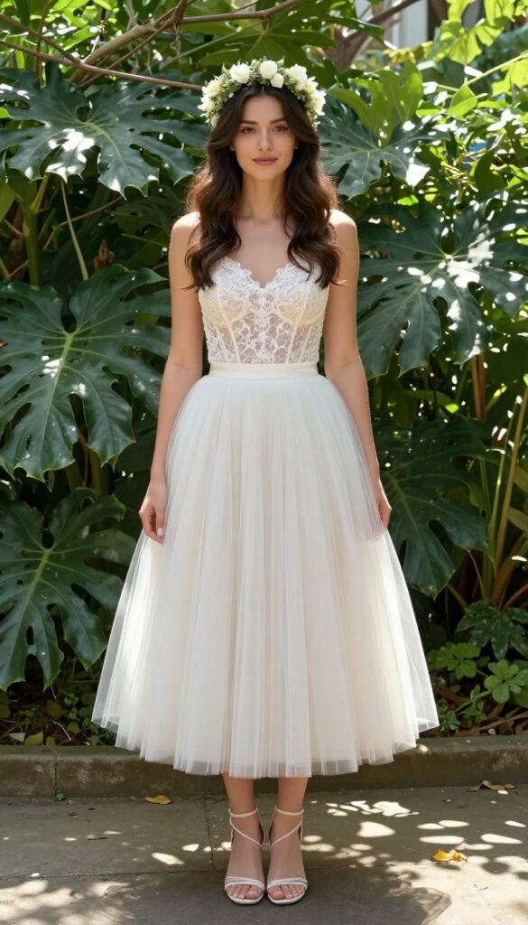 Bride in two-piece wedding set with lace crop top and poofy tulle skirt, floral crown, standing in sunlit garden.