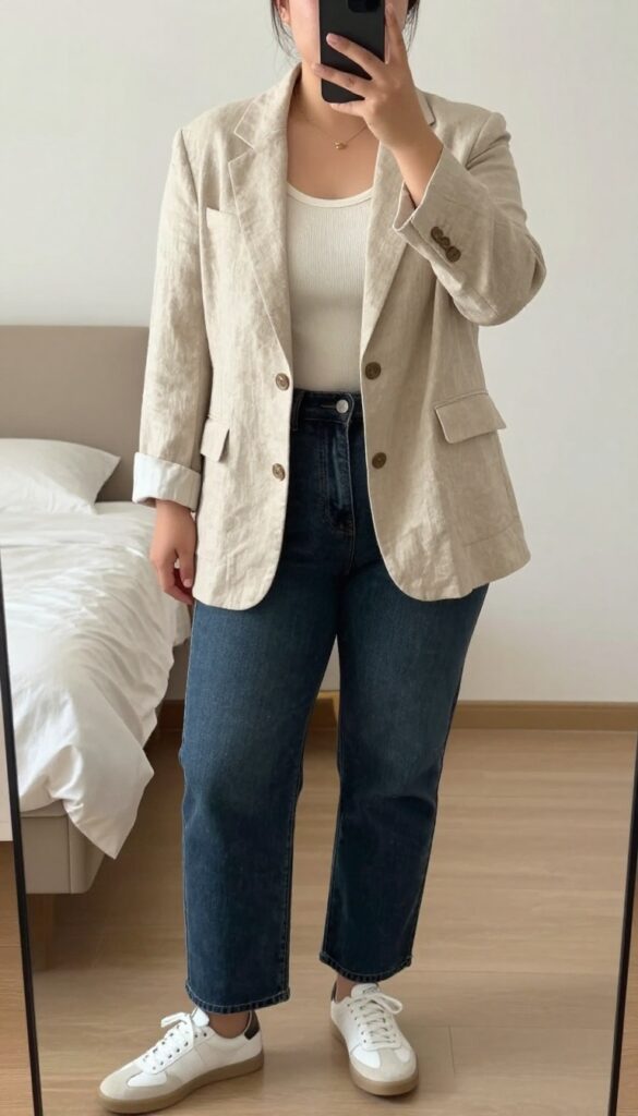 Relaxed blazer over fine-knit top and dark wash jeans with sneakers