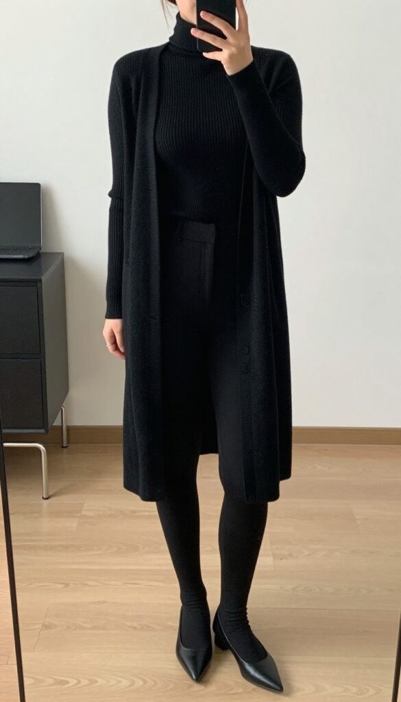 A woman in an all-black business casual outfit consisting of a ribbed turtleneck, slim trousers, and a longline cardigan, standing in a modern office setting.