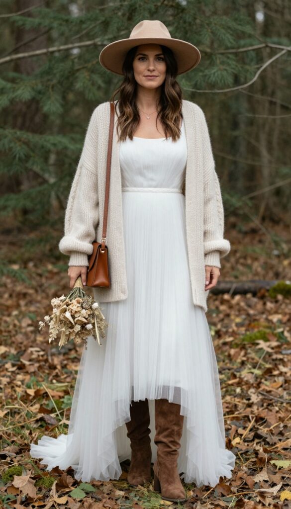 Woman in white boho tulle wedding dress with square neckline, oversized cream knit cardigan, brown suede knee-high boots, holding dried flower bouquet in forest.