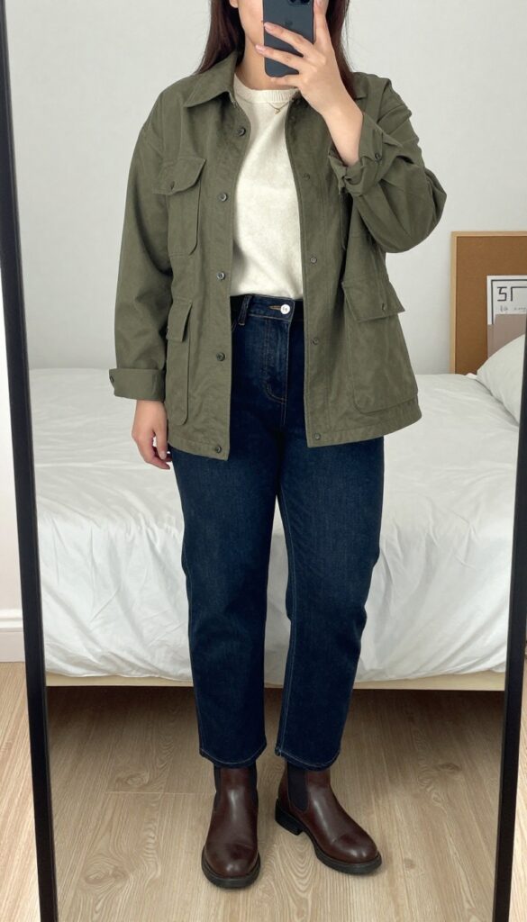 Woman in olive utility jacket, cream sweater, and dark denim jeans, standing in a mirror selfie pose, phone partially covering face, bedroom background.