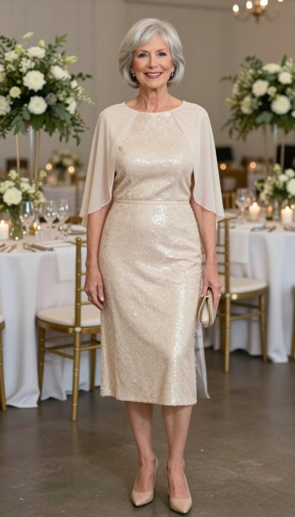 Elegant mother of the bride in champagne sequin sheath dress with capelet, standing at evening wedding reception with sage green decor.
