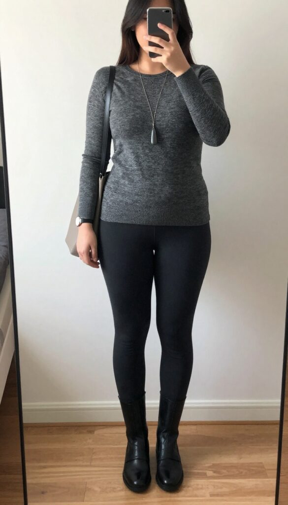 Pregnant woman in long knit tunic and leggings with pendant necklace, riding boots, and structured tote bag, looking professional and comfortable.