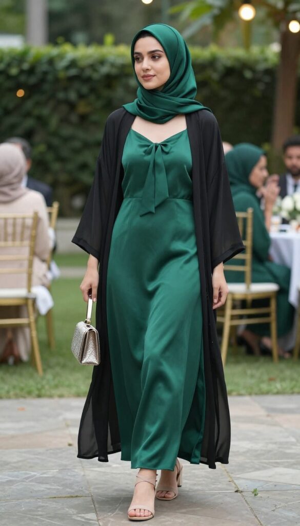 Hijabi woman in emerald satin slip dress with back bow, sheer black kimono, nude sandals, and metallic clutch at garden wedding