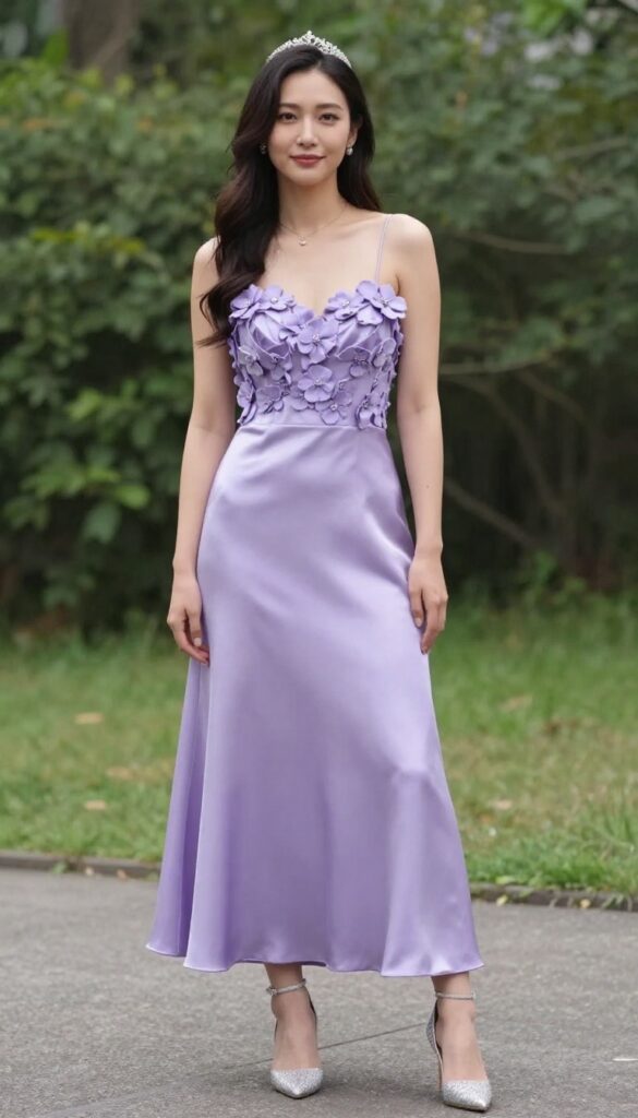 An adult woman with standard body type wearing a lavender satin ball gown with floral embellishments at an elegant wedding reception, standing gracefully in sparkly silver heels and a small tiara, natural lighting.