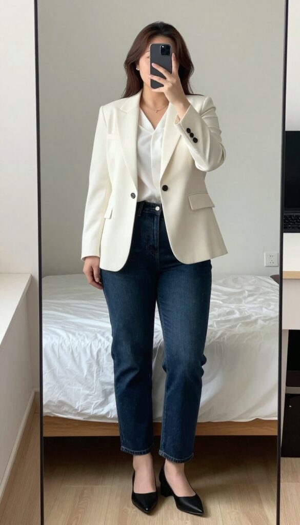 Woman in dark wash straight jeans, white blouse, and blazer, posing in a mirror selfie.