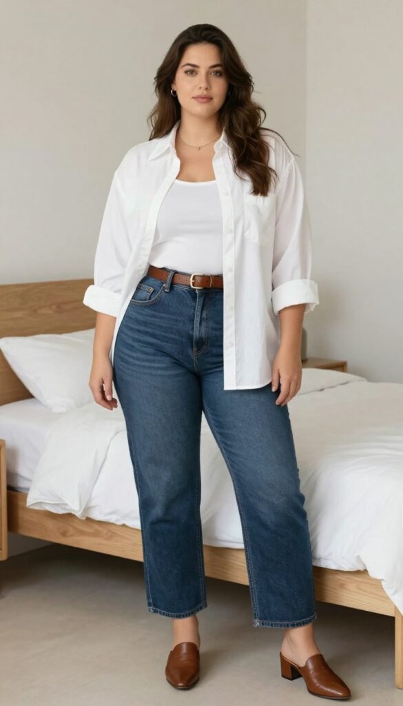 White button-down tucked into dark wide-leg jeans with brown leather belt and mules, mirror selfie