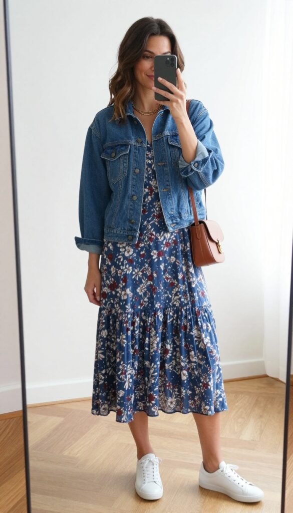 A woman in a floral midi dress and cropped denim jacket takes a mirror selfie, wearing white sneakers and a crossbody bag in a bright, airy room.