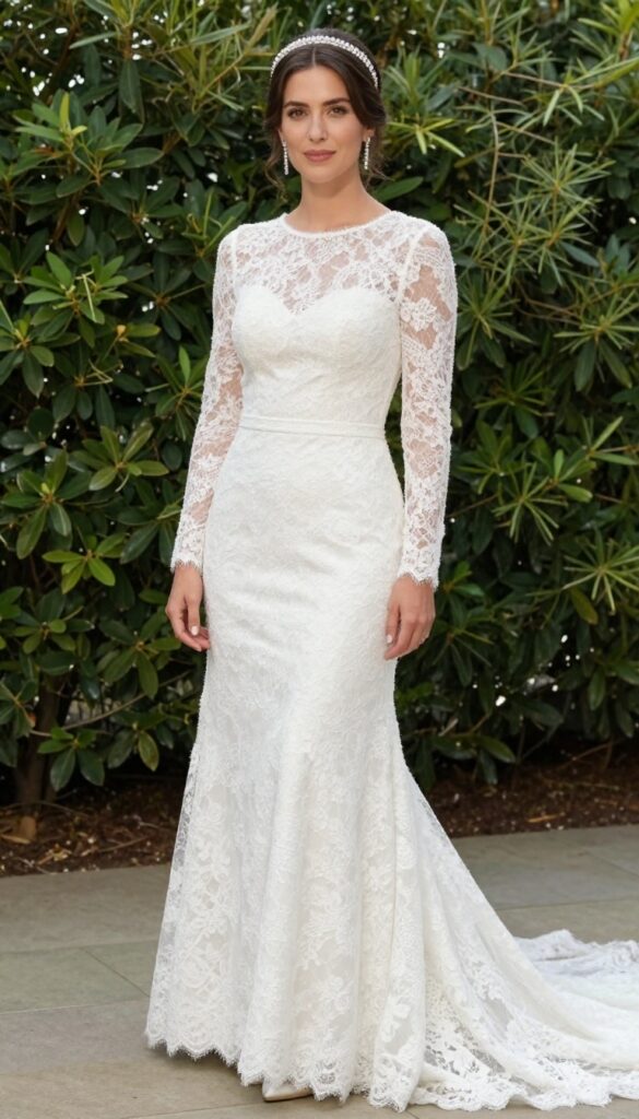 Bride in high-neck lace wedding dress with crystal headband and drop earrings, soft updo, natural makeup, garden background.