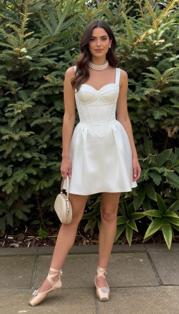 Woman in white corset wedding dress with pearl choker and ballet flats in garden