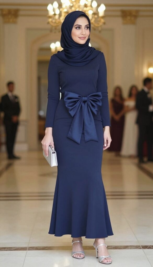 Muslim woman in navy mermaid dress with bow train and hijab, standing in hotel ballroom