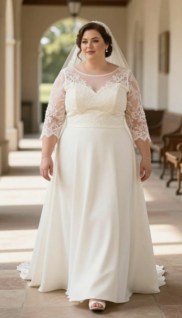 Plus-size bride in classic lace sleeve wedding dress with illusion neckline, standing in sunlit church aisle, full-length shot.