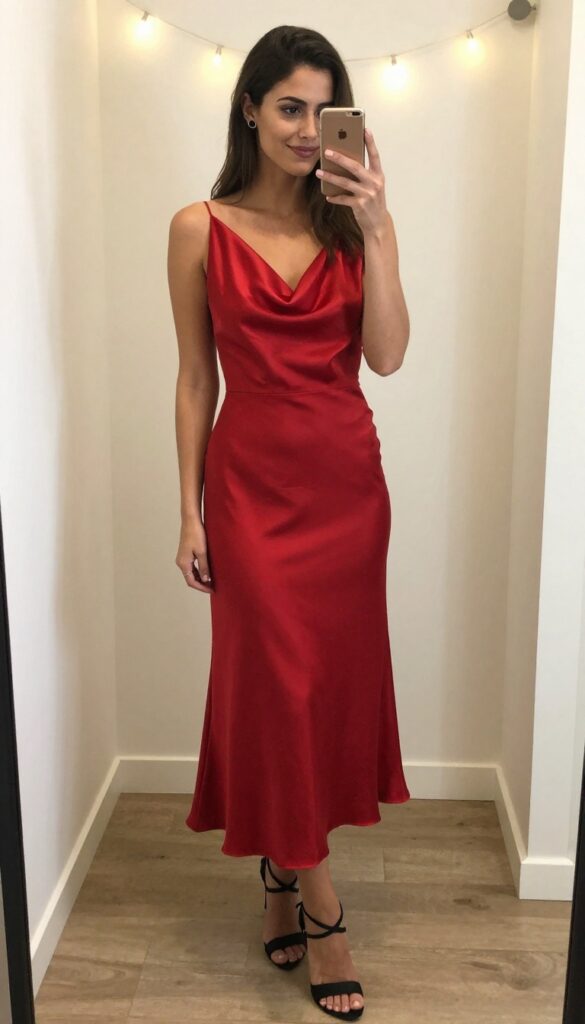 Woman in red satin midi dress with black accessories at evening wedding