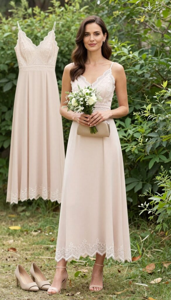 A woman in her late 20s wearing a blush lace-trimmed slip dress and nude heels, standing in a sunlit garden holding a bouquet.