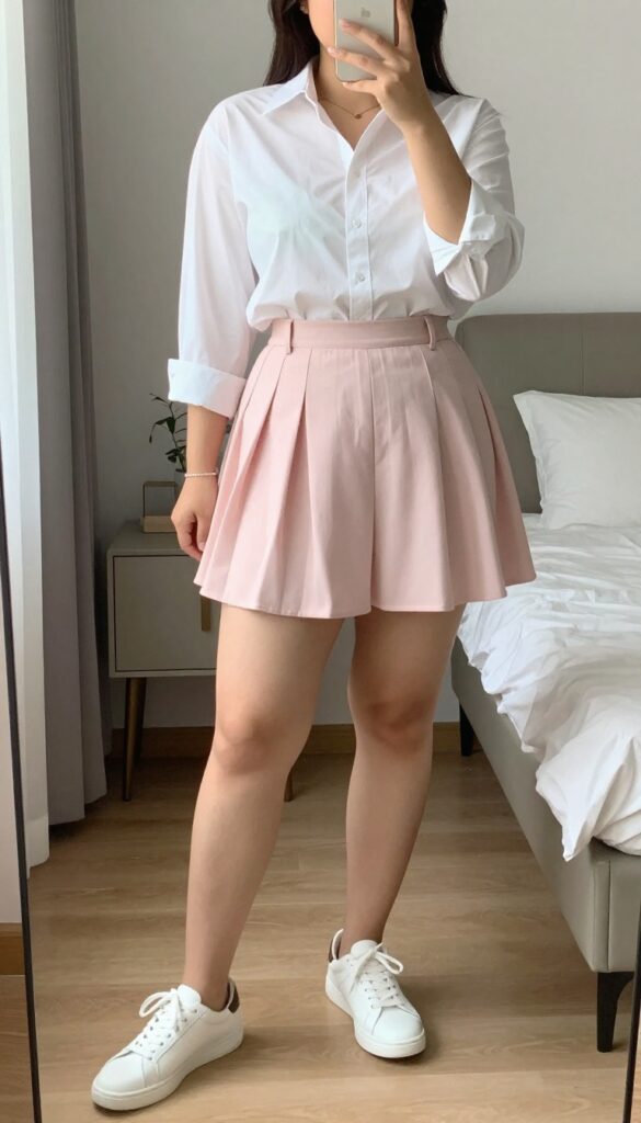 Woman in white poplin shirt tucked into a light pink pleated midi skirt, wearing white sneakers, standing in a bright office or cafe.