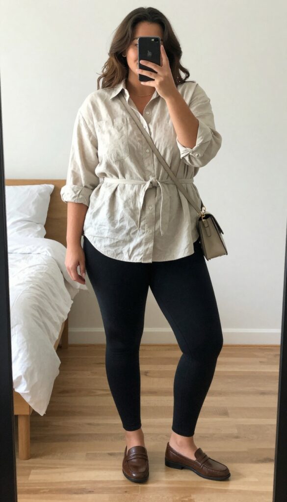 Woman in oversized button-down shirt and leggings, sleeves rolled, belt at waist, loafers, crossbody bag, taking mirror selfie in bedroom.