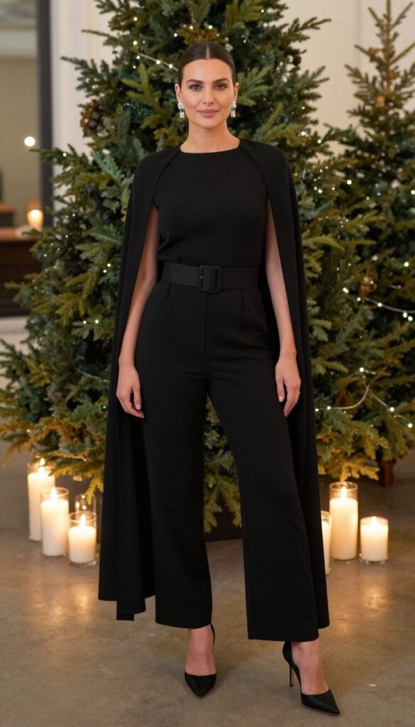 Woman in black jumpsuit with cape sleeves, wide belt, silver earrings, pointed heels, elegant indoor setting