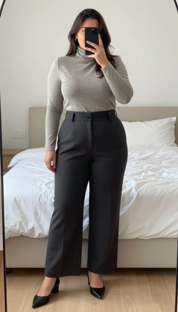 A woman in a matching vest and wide-leg pants set, monochrome charcoal, with a turtleneck and pointed flats, posing in a mirror selfie.