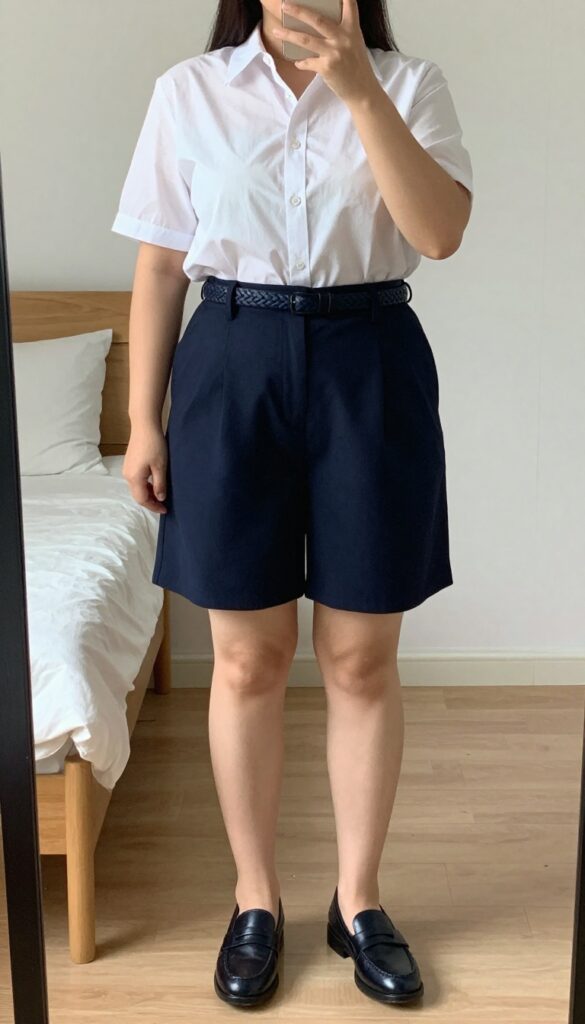 Woman in pleated high-waist shorts, button-down shirt, and loafers standing in a city office setting