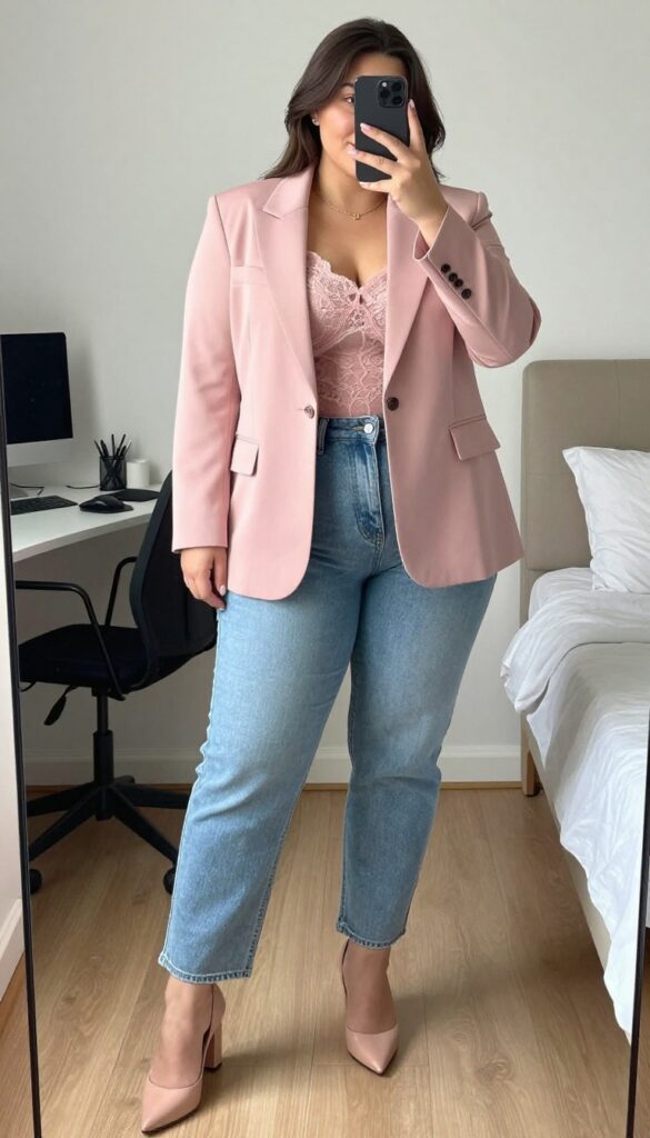 Plus-size woman in blush pink blazer, lace camisole, and light wash jeans, posing in front of a mirror, phone partially covering face.