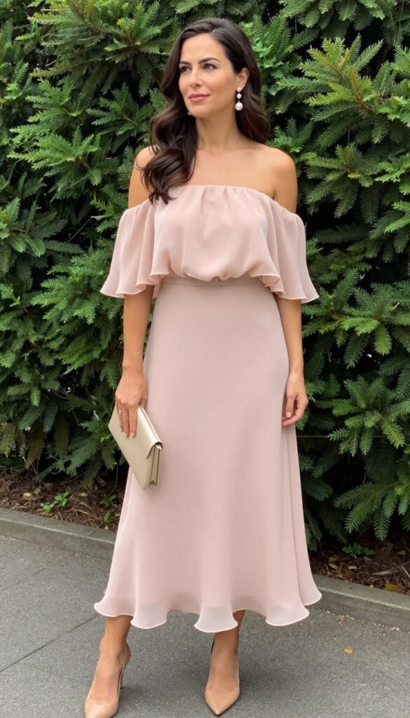 Woman in blush off-shoulder ruffled midi dress with pearl earrings and nude pumps in garden