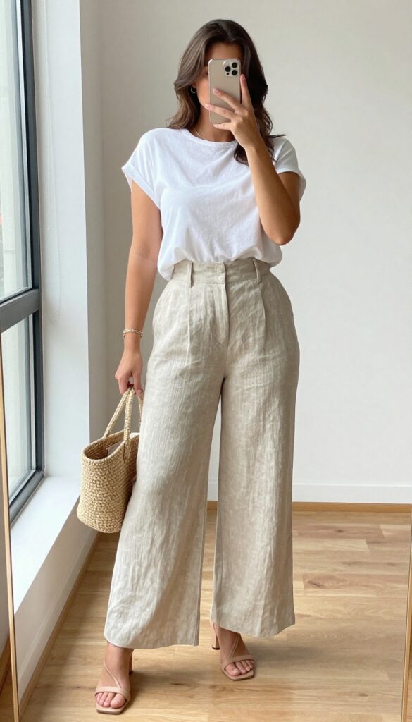 Curvy woman in beige wide-leg linen pants and white cropped top, nude heeled sandals, taking a mirror selfie in a bright room.