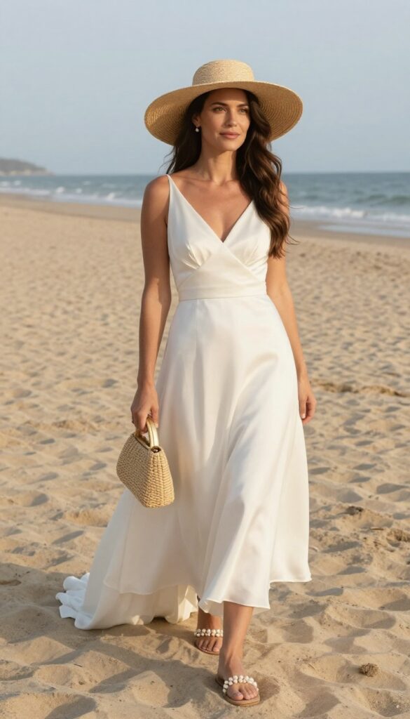 Young adult woman in white airy satin wedding dress standing barefoot on beach at sunset, wearing pearl barefoot sandals and wide-brim straw hat, holding woven clutch, with loose beachy waves.