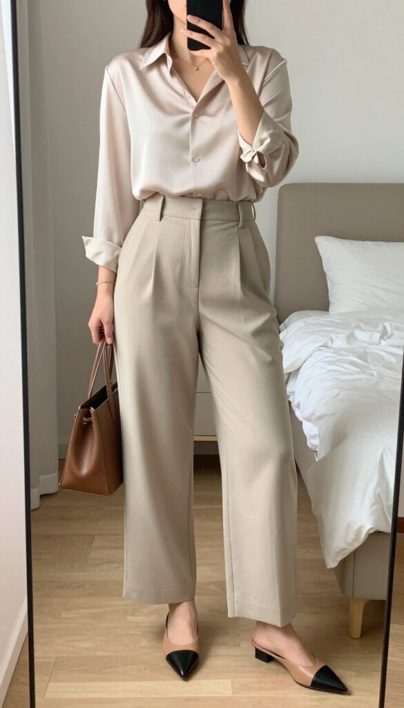 A woman in wide-leg trousers and a silk blouse, wearing mules and carrying a structured tote, standing in a bright office or cafe.