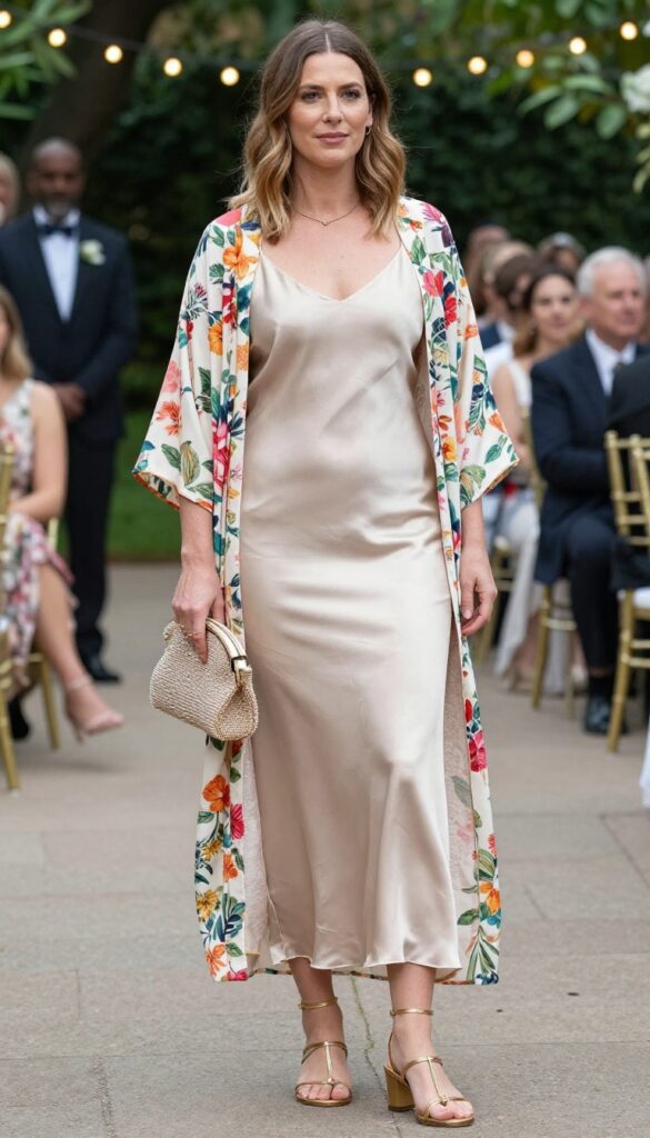 Woman in champagne satin slip dress with floral kimono, gold sandals, and beaded clutch at outdoor evening after-party